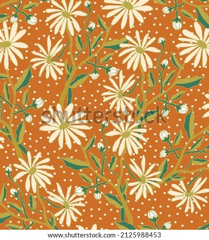 Seamless vector background. Creative floral print with chamomile flowers, tulips leaves in hand drawn style on orange background. Perfect spring and summer template for fashion design, textiles. 