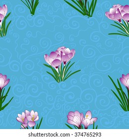 Seamless vector background. Crocuses - buds and flowers.