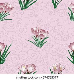 Seamless vector background. Crocuses - buds and flowers.
