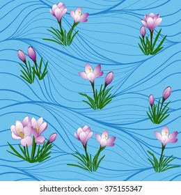 Seamless vector background. Crocuses - flowers and buds.
