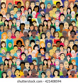 Seamless vector background with a crowd of people of different ages, races and nationalities. Men, women, grandmothers, grandfathers, boys, girls in colorful clothes
