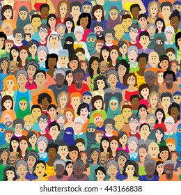 Seamless vector background . A crowd of people of different ages, races and nationalities. Men, women, grandmothers, grandfathers, boys, girls in colorful clothes