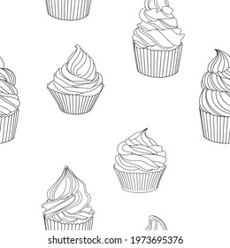 Seamless vector background with cupcake. Small delicious cupcakes. Yummy cream cupcake seamless pattern. 
