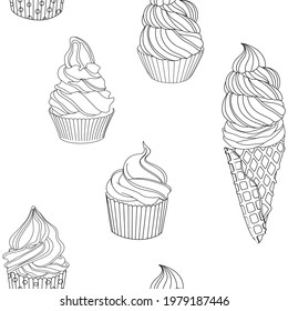Seamless vector background with cupcake. Small delicious cupcakes. Yummy cream cupcake seamless pattern. 