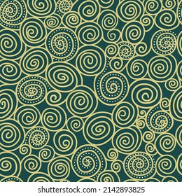 Seamless vector background. Curly waves and spirals on a green background. Abstract pattern. Decoration for fabric, wallpaper, wrapping. Decorative print. Graphic ornament.