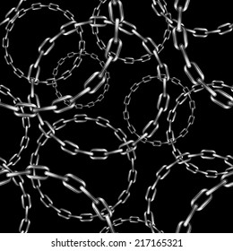 Seamless vector background, curved metal chain on black background 