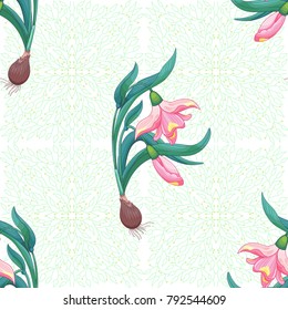 Seamless vector background. Curved stems of snowdrops. Pattern of leaves and branches on backdrop.