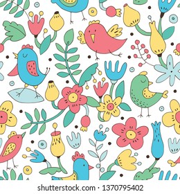 Fondo vectorial impecable con pájaros y flores adorables.