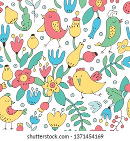 Seamless vector background with cute birds and flowers.