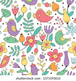 Seamless vector background with cute birds and flowers.