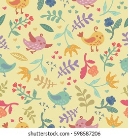 Seamless vector background with cute birds, flowers and hearts in cartoon style