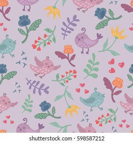 Seamless vector background with cute birds, flowers and hearts in cartoon style