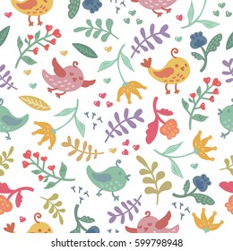 Seamless vector background with cute birds, hearts, flora elements and flowers in cartoon style.