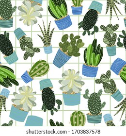 seamless vector background with a cute cactus pattern. Illustration in flat style