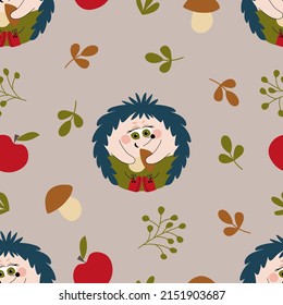 Seamless vector background with cute hedgehog. Endless pattern on a gray background. A hand-drawn character for textiles, packaging, paper. Seamless Repeat Pattern. Cartoon doodles.