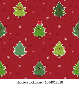 Es el fondo vectorial impecable con el lindo emoji de dibujos animados kawaii de los árboles de Navidad. Árboles de abeto con diversas expresiones faciales sonríen, cantan, guiñan el ojo. Patrón de invierno para los niños.