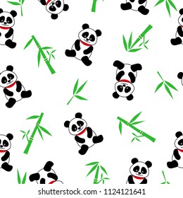 Seamless vector background with cute pandas and bamboo. seamless panda bears on a white background