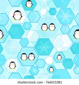 Seamless vector background, cute penguin and snowflake on honeycomb background.