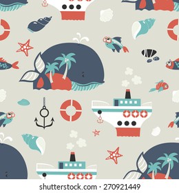 Seamless vector background with cute sea objects 