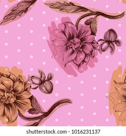 Seamless vector background. Dahlia is a flower and a bud on the background of peas. Flower motifs. Wallpaper. Use printed materials, decoupage maps, posters, postcards, packaging.