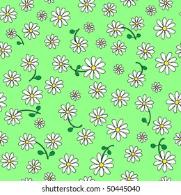 A seamless vector background of daisies on green. Sketch style.