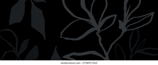 Seamless vector background with dark, abstract botanical patterns. Monochrome leaves create a sophisticated and elegant design for various uses.