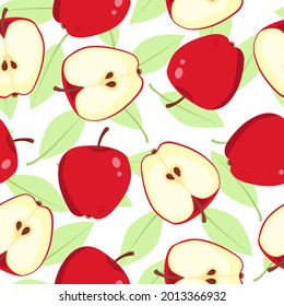 Seamless vector background with decorative apples. Seamless pattern with apples and leaves. Wallpaper, print, wrapping paper, fabric, modern textile design. Fruit Background. Vector illustration. 
