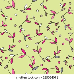 Seamless vector background with decorative branche, leaves and polka dots