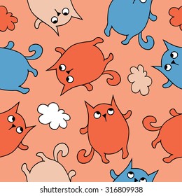 Seamless vector background with decorative cats and clouds