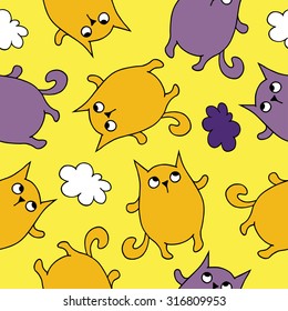 Seamless vector background with decorative cats and clouds