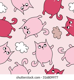 Seamless vector background with decorative cats and clouds