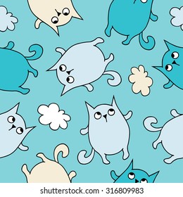 Seamless vector background with decorative cats and clouds