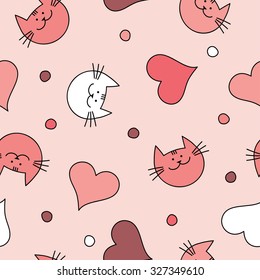 Seamless vector background with with decorative cats, hearts and polka dots