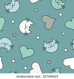Seamless vector background with with decorative cats, hearts and polka dots