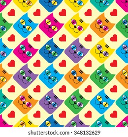Seamless vector background with decorative cats and hearts
