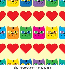 Seamless vector background with decorative cats and hearts
