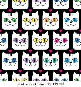 Seamless vector background with decorative cats and hearts