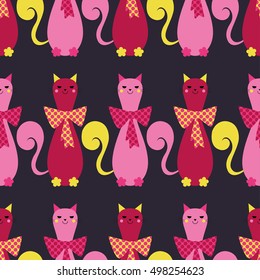 Seamless vector background with decorative cats and hearts. Bow polka dot. Print. Repeating background. Cloth design, wallpaper.