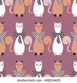 Seamless vector background with decorative cats and hearts. Bow polka dot. Print. Repeating background. Cloth design, wallpaper.