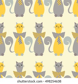 Seamless vector background with decorative cats and hearts. Bow polka dot. Print. Repeating background. Cloth design, wallpaper.