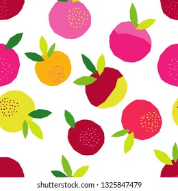 Seamless vector background with decorative colorful apples with leaves. Polygons. Summer garden. Can be used for wallpaper, textile, invitation card, wrapping, web page background.