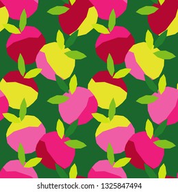 Seamless vector background with decorative colorful apples with leaves. Polygons. Summer garden. Can be used for wallpaper, textile, invitation card, wrapping, web page background.