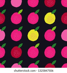 Seamless vector background with decorative colorful apples with leaves. Polygons. Summer garden. Can be used for wallpaper, textile, invitation card, wrapping, web page background.
