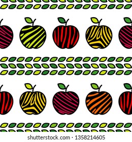 Seamless vector background with decorative colorful apples with leaves. Apples with Zebra stripes. Summer garden. Can be used for wallpaper, textile, invitation card, wrapping, web page background.