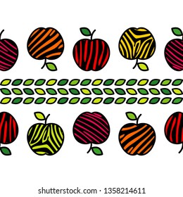 Seamless vector background with decorative colorful apples with leaves. Apples with Zebra stripes. Summer garden. Can be used for wallpaper, textile, invitation card, wrapping, web page background.