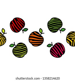 Seamless vector background with decorative colorful apples with leaves. Apples with Zebra stripes. Summer garden. Can be used for wallpaper, textile, invitation card, wrapping, web page background.