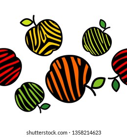 Seamless vector background with decorative colorful apples with leaves. Apples with Zebra stripes. Summer garden. Can be used for wallpaper, textile, invitation card, wrapping, web page background.