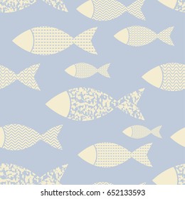 Seamless vector background with decorative fish in the sea. Vector illustration. Flat design.
