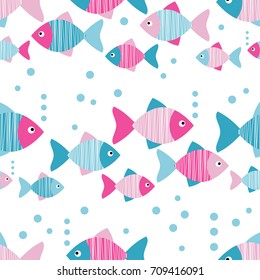 Seamless vector background with decorative fish. Scribble texture. Textile rapport.