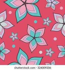 Seamless vector background with decorative flowers and polka dots